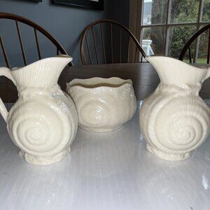 Belleek Ireland Shell Creamers & Open Sugar Bowl, Porcelain, Vintage